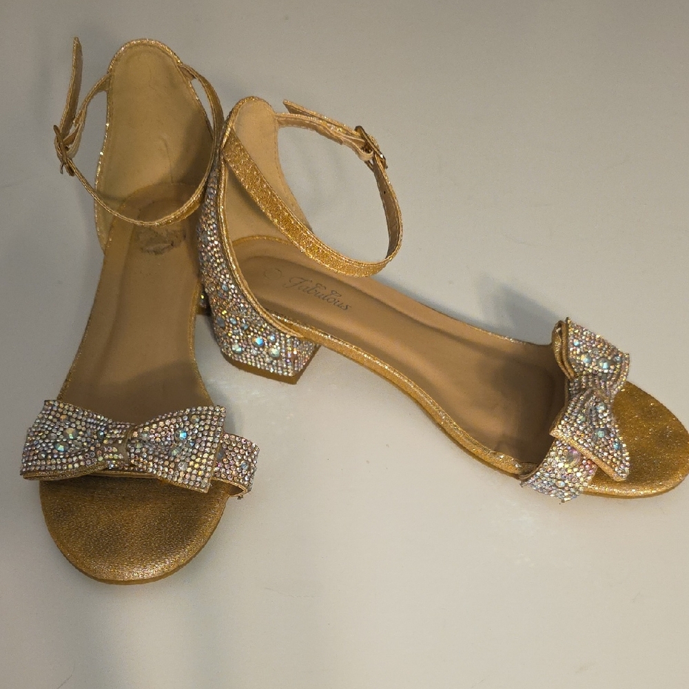 Girls' Gold Rhinestone Bow Ankle-Strap Dress Sandals